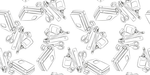 minimalist seamless pattern black outline school supplies on white background, simple stationery design back to school education, learning and knowledge concept, clean style
