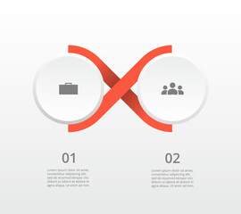 Red infographic template with 2 steps, options, parts or processes. Presentation of teamwork or business processes.