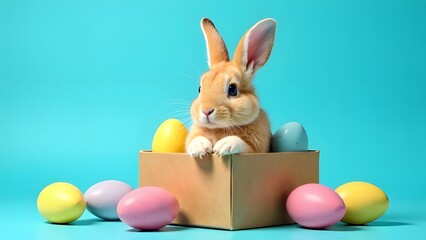 A cute Easter bunny sits in a cardboard box with colorful Easter eggs nearby