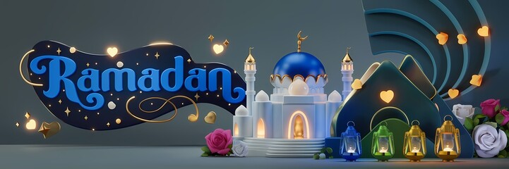 Ramadan Dark Fantasy 3D illustration Scene Featuring Glowing White Mosque with Blue Dome Golden Details Surrounded by Magical Lanterns Butterflies Roses Elegant Ramadan Text Luxurious Fantasy Setting