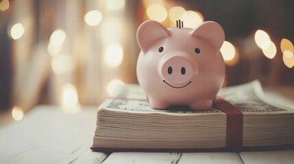 Cheerful Piggy Bank on Stack of Money with Blurred Background