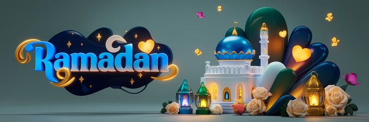 Ramadan Dark Fantasy 3D illustration Scene Featuring Glowing White Mosque with Blue Dome Golden Details Surrounded by Magical Lanterns Butterflies Roses Elegant Ramadan Text Luxurious Fantasy Setting