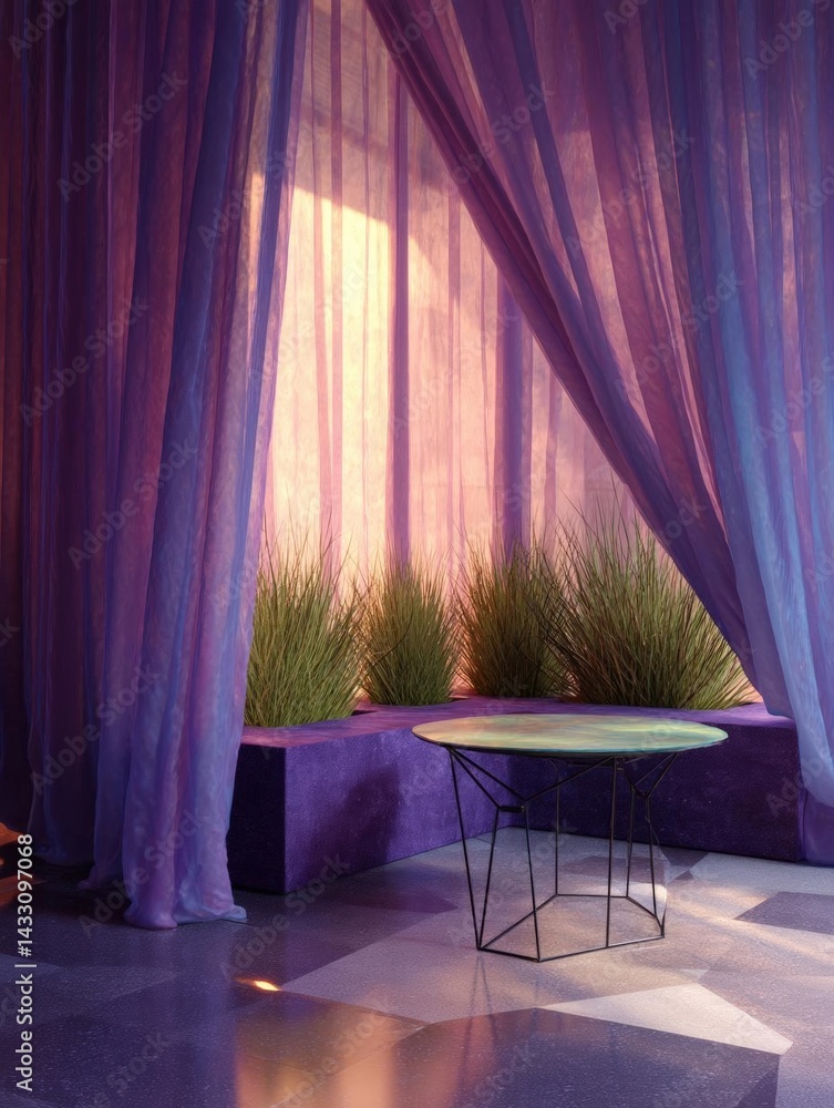 Poster room with a large window covered in purple curtains. the curtains are draped in a way that creates a