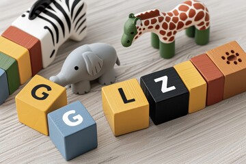 Colorful alphabet blocks and toy animals on wooden surface