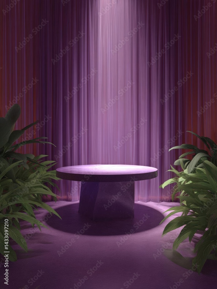 Poster round table in the center of a room with a purple curtain in the background. the curtain is made up 