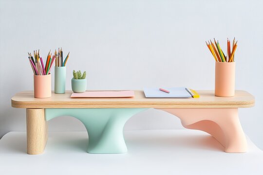 children drawing on the table ,Photo of a desk adorned with pencils, apples, and books on a pristine white background, perfect for a school theme with ample copy space.
