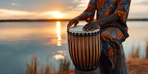 African woman playing djembe drum at sunset by lake