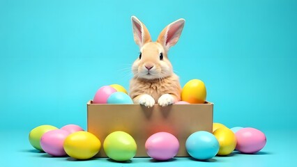 A cute Easter bunny sits in a cardboard box with colorful Easter eggs nearby