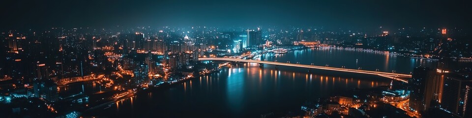 Aerial View of Illuminated Cross-Sea Bridge at Night: Urban Cityscape with Modern Architecture. Creative Abstract Commercial Background for Design Projects. High-Quality AI-Generated Scenic Landscape 
