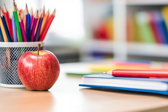 back to school concept with school supplies ,Photo of a desk adorned with pencils, apples, and books on a pristine white background, perfect for a school theme with ample copy space.
