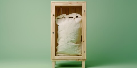 Wooden cabinet with pillow against green background