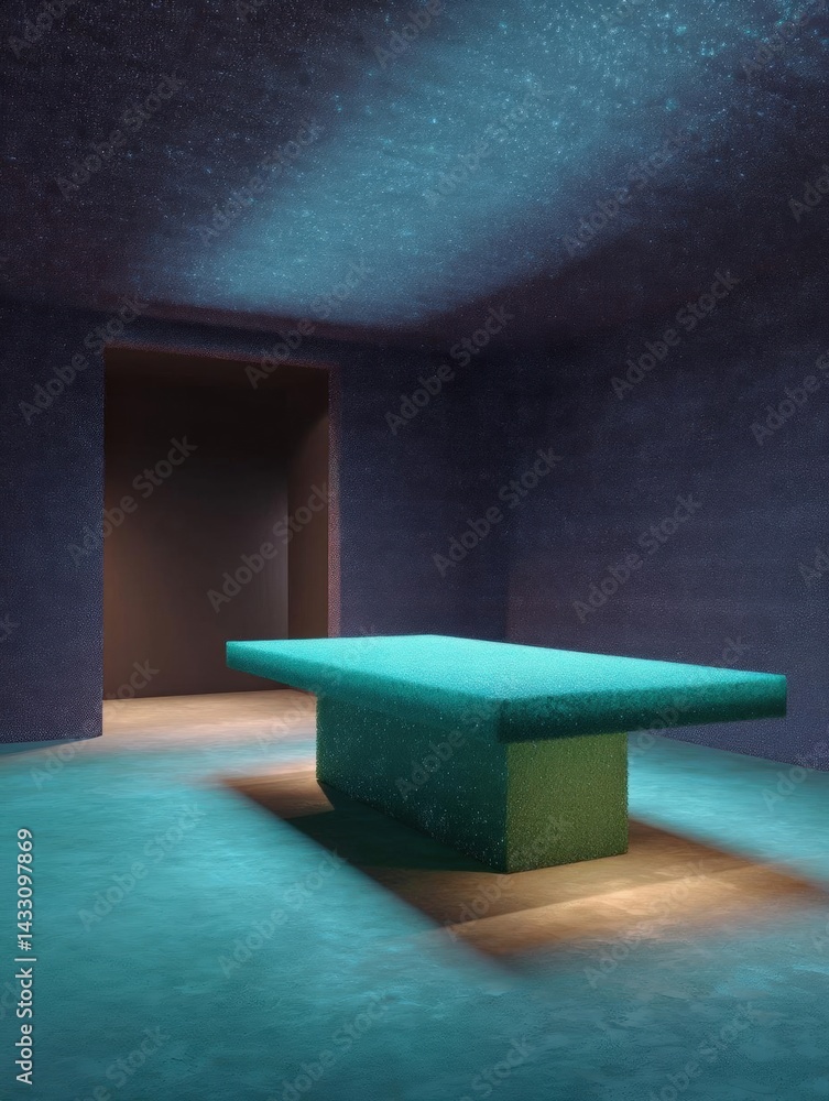 Poster empty room with a long, rectangular table in the center. the table is made of a green material and i