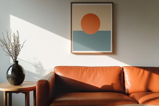 living room interior ,Small poster frame on the wall in front of an orange sofa, presented in a mockup style with warm colors, beige and terracotta tones.