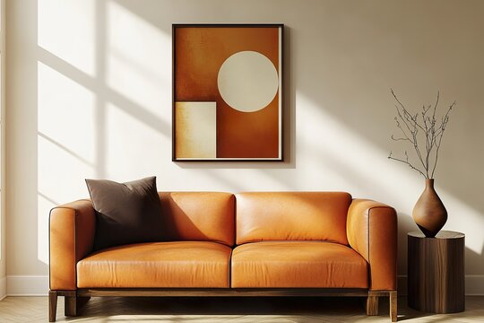 living room interior ,Small poster frame on the wall in front of an orange sofa, presented in a mockup style with warm colors, beige and terracotta tones.