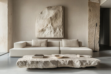 Ultra-Modern Living Room with Stone and Concrete Furniture – Futuristic Minimalist Design Featuring Bold Geometric Shapes and Luxurious Monochromatic Ambiance