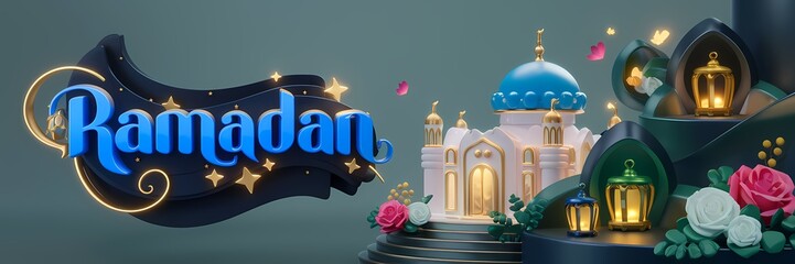 Ramadan Dark Fantasy 3D illustration Scene Featuring Glowing White Mosque with Blue Dome Golden Details Surrounded by Magical Lanterns Butterflies Roses Elegant Ramadan Text Luxurious Fantasy Setting