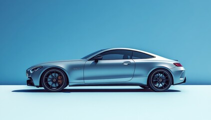 Obraz premium Sleek silver Car coupe shown in profile against a light blue background, showcasing its sporty design and elegant lines.