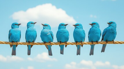 Obraz premium A row of vibrant blue birds perched on a light-colored rope against a clear sky.