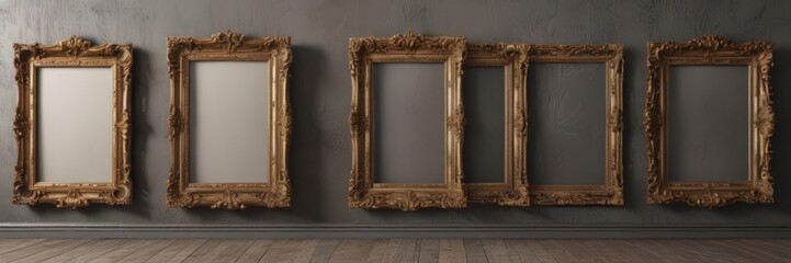 Empty ornate frames arranged on a textured surface, ready for photos ,  flat lay,  template