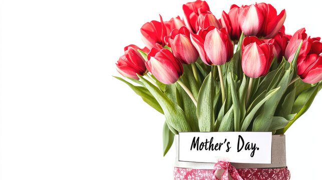 Mother's Day Tulips Bouquet: A bunch of vibrant red and white tulips in a container with a "Mother's Day" tag against a white background.





Mother's Day, tulips, vibrant flowers, red and white tuli