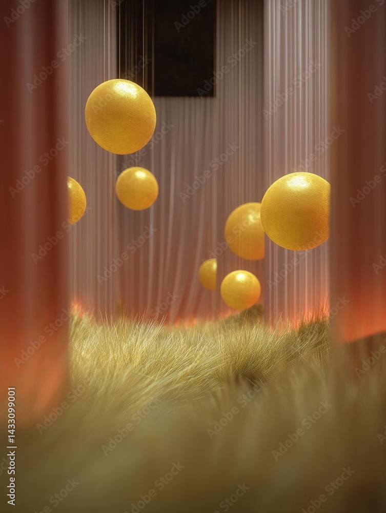 Poster group of orange spheres floating in the air. the spheres are of different sizes and shapes, and they