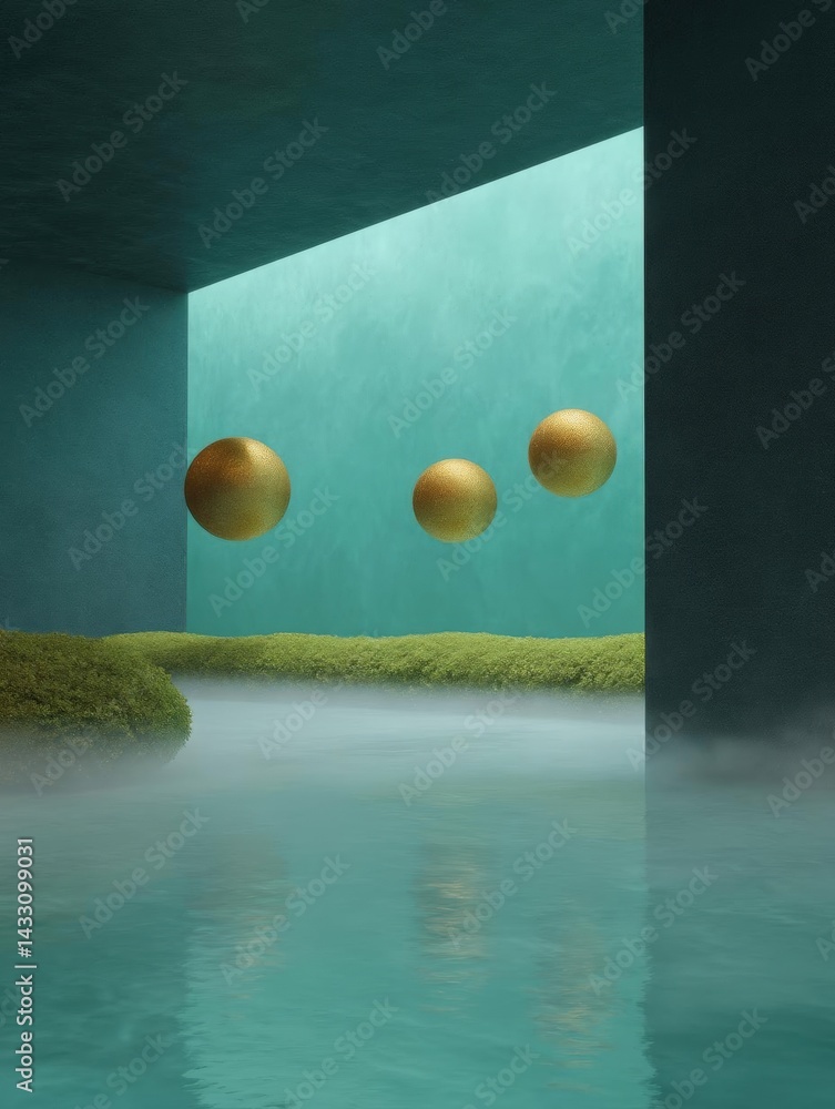 Poster three golden spheres floating in a body of water. the spheres are spherical in shape and appear to b