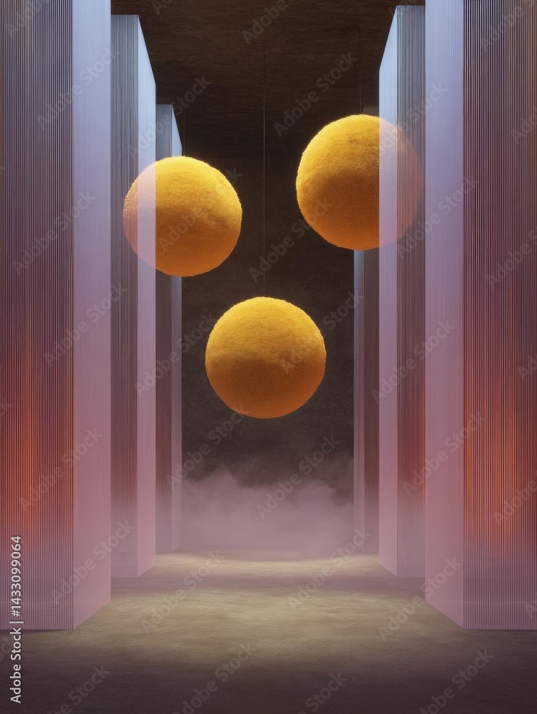 Poster three orange spheres hanging from the ceiling in an empty room with a dark background. the spheres a