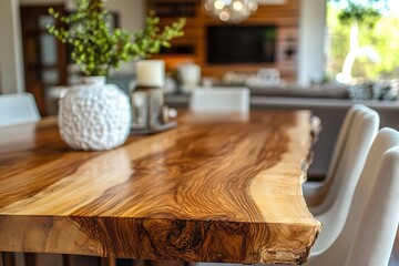 living room interior ,Close-up shot of a wooden dining table in an elegant home, highlighting its natural beauty and unique texture, with a detailed focus on the wood grain patterns on one side.