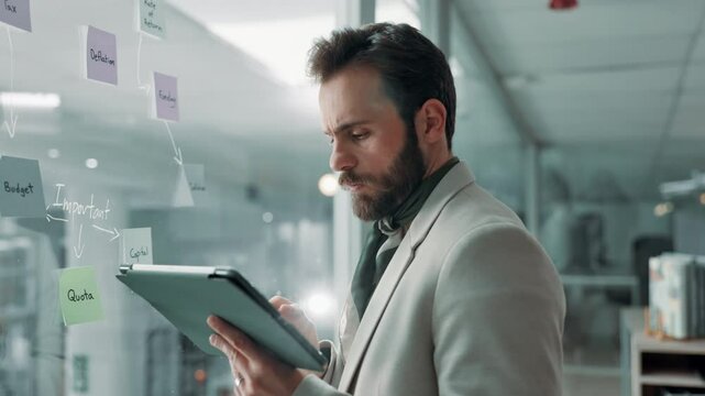 Businessman, writing and brainstorming with tablet on glass board for agenda or project tasks. Man, employee or planner with technology, ideas or sticky notes for work mindmap or schedule planning