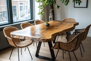 dining room with table ,Close-up shot of a wooden dining table in an elegant home, highlighting its natural beauty and unique texture, with a detailed focus on the wood grain patterns on one side.
