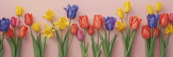 Obraz premium Vibrant tulips, daffodils, hyacinths on pastel paper , photo, detail, stock