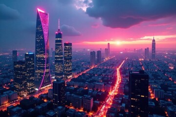 Fototapeta premium Cityscape at dusk with sleek skyscrapers and neon lights, modernity, glow, neon