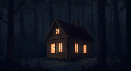 Forest Cabin at Night: A Darkly Romantic Illustration