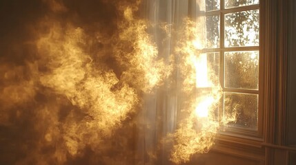 Dramatic interior scene with intense smoke and fire.