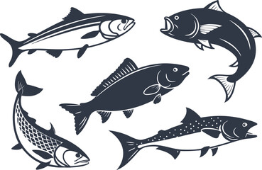 Minimalist Fish Silhouette Design Collection in Black. Colorful Cartoon Fish Illustration Set for Kids and Merch. Fishing Icon Set with Hooks Rods and Outdoor Gear. Seamless Fish Pattern Design