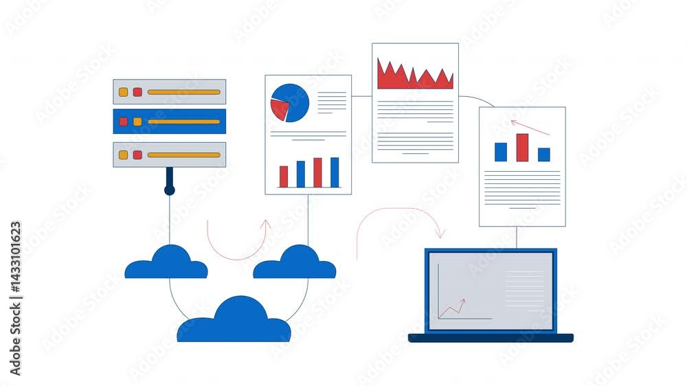Poster transfer data analytics from server to laptop 2d animation. cloud computing, database processing, bu