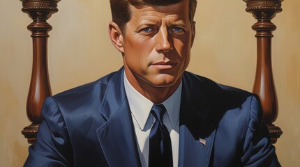 Portrait of a man in a suit with a tie and two wooden objects on either side of him looking forward