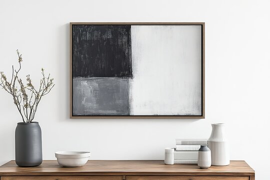 modern bathroom interior ,Minimalist, modern black-and-white brush stroke poster, framed and hung above an empty wooden sideboard adorned with vases and decorations.