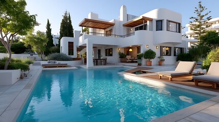 Fototapeta premium Luxurious Modern White Villa with Infinity Pool Outdoor Lounge and Landscaped Gardens
