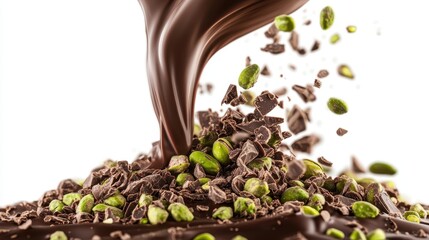 Melted chocolate cascading over pistachio pieces.