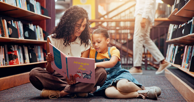 Kid, learning or teacher reading book for storytelling, development or growth in school. Teaching, tutor or woman with girl or child in library for literature lesson, fairy tale or education support