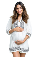 Smiling Indian Pregnant Woman in White Embroidered Maternity Outfit Cradling Her Belly, Transparent Background, Isolated