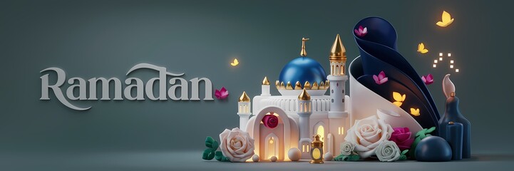 Ramadan Dark Fantasy 3D illustration Scene Featuring Glowing White Mosque with Blue Dome Golden Details Surrounded by Magical Lanterns Butterflies Roses Elegant Ramadan Text Luxurious Fantasy Setting