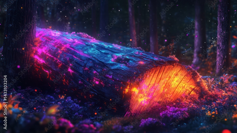 Poster glowing log in forest. magical light emanating from tree trunk, fantasy concept