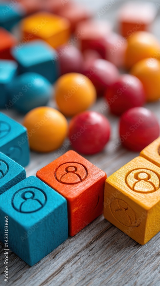 Aufkleber Strategic Human Connection Mapping Vibrant Wooden Blocks Visualizing Data-Driven Customer Relationship Management in Agile Digital Workspace Environments