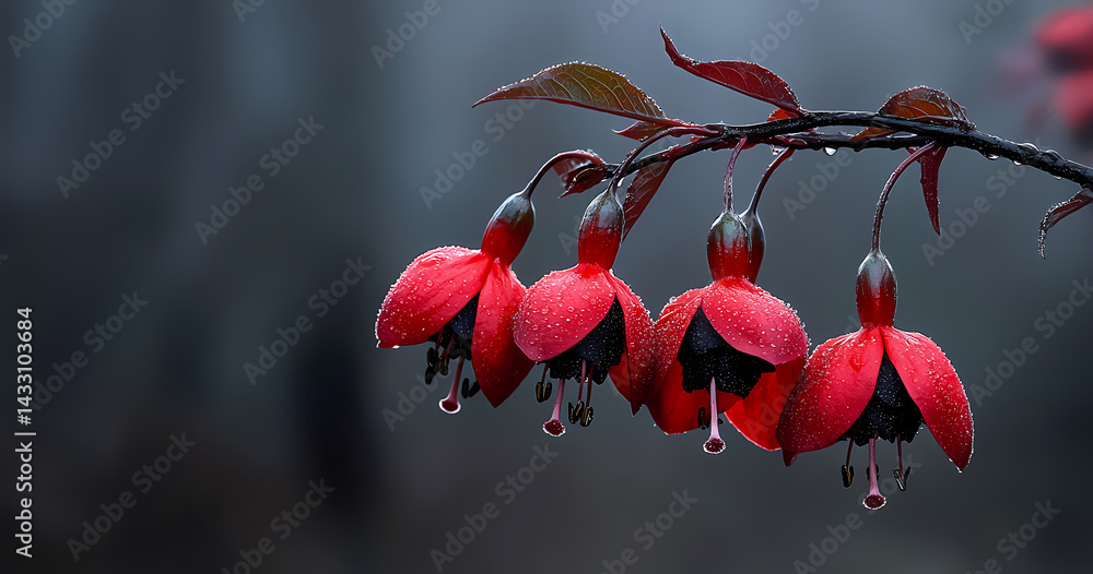 Poster vibrant red flowers dripping with dew in a misty forest setting generative ai