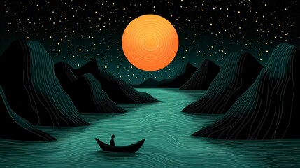 Pixel art depicting a solitary boat on a dark teal river under a large orange moon and a starry night sky, mountains in the background.