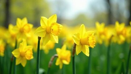 Fototapeta premium Daffodil field with vibrant blooms swaying in the spring breeze , nature, daffodils