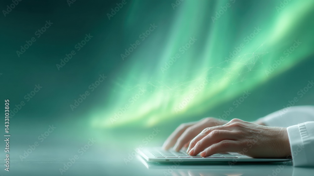 Poster Immersive Digital Wellness Aurora-Inspired Tech Workspace with Minimalist Healthcare Connectivity Showcasing Ergonomic Human-Computer Interaction