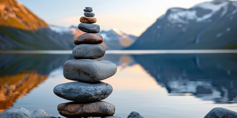 Balanced stone cairn by serene mountain lake at sunset